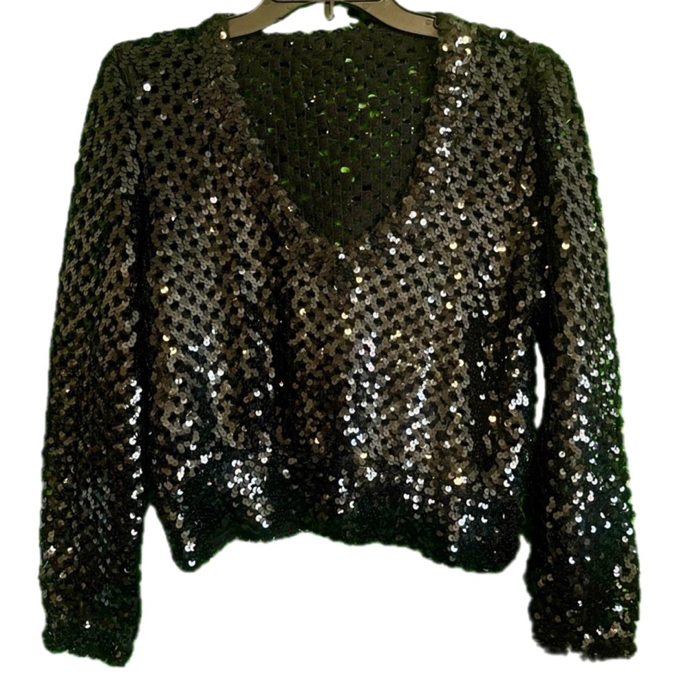 Vintage Lilli Diamond S/Md Black 100% Metallic V Neck Sequin Long Sleeve Glam